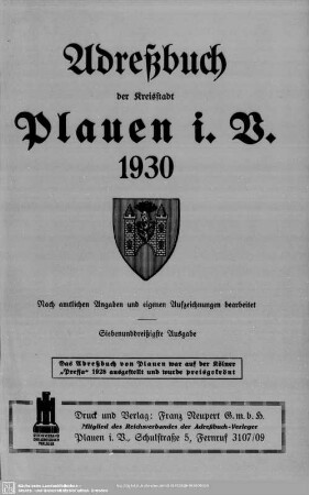 37.1930: Adreßbuch der Kreisstadt Plauen i. V. : nach amtlichen Angaben und eigenen Aufzeichnungen bearbeitet