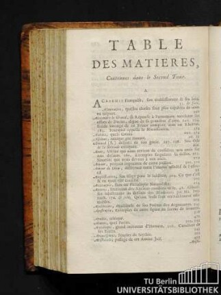 Table des matieres, contenues dans le second tome.