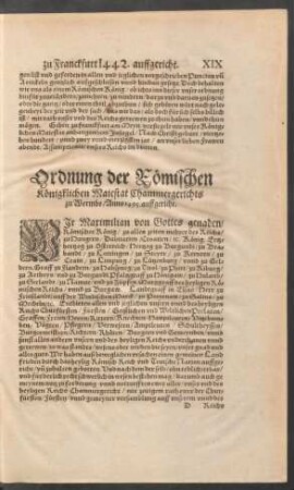 Ordnung der Römischen Königklichen Maiestat Chammergerichts zu Wormbs/ Anno 1495. auffgericht.