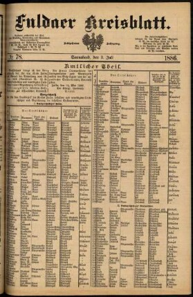 Erste Ausgabe vom Samstag, den 03. Juli 1886.