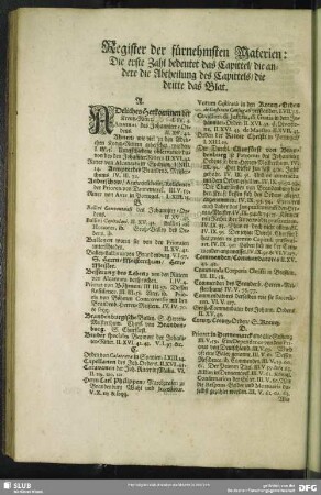 Register der fürnehmsten Materien: Die erste Zahl bedeutet das Capittel, die andere die Abtheilung des Capittels, die dritte das Blat