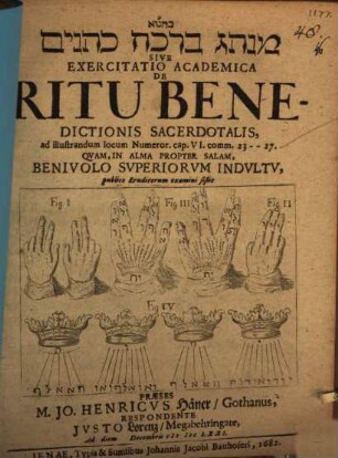 Minhag birkat kohanîm sive exercitatio academica de ritu benedictionis sacerdotalis : ad illustrandum locum Numeror. cap VI. comm. 23 - 27