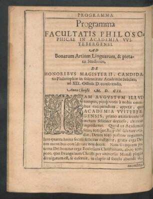 Programma Facultatis Philosophicae In Academia Wittenbergensi ...