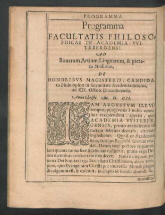Programma Facultatis Philosophicae In Academia Wittenbergensi ...
