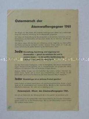 Propagandaflugblatt der Kampagne für Abrüstung mit dem Aufruf zum Ostermärsch 1961