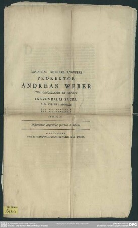Academiae Georgiae Augustae Prorector Andreas Weber Cum Cancellario Et Senatu Inauguralia Sacra A. D. XVII Sept. MDCCLIII Pie Celebranda Indicit Disputantur Aristotelea quaedam de Gloria