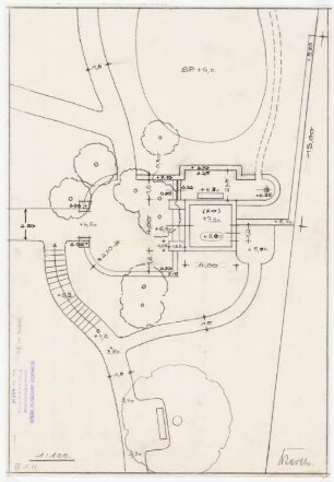 Garten Fraenkel, Berlin-Kladow: Entwurfsplan des Gartenteils am Gartenhäuschen am Teich, 1:100, Vermerk