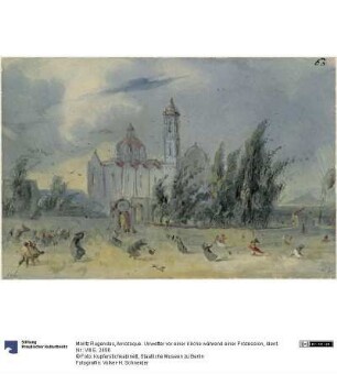 Amozoque. Unwetter vor einer Kirche während einer Prozession