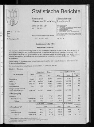 Bauhauptgewerbe 1994 Monatsübersicht November : Lfd. Nr. 6