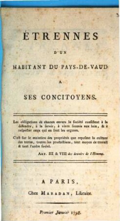 Étrennes d'un habitant du pays-de-Vaud à ses concitoyens