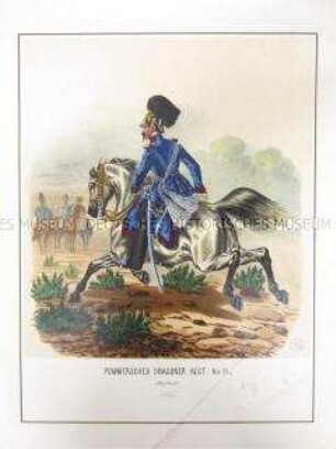 Uniformdarstellung, Adjutant des Pommerschen Dragoner-Regiments No. 11 zu Pferd, Preußen, 1866. Tafel 95 aus: Schindler: Suplement zum Militair-Album.