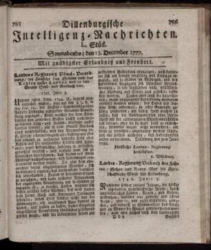 L. Stück. Sonnabends: den 13. December 1777.