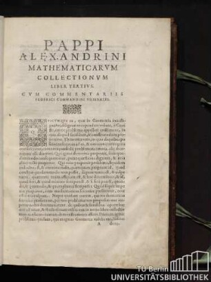 1. Pappi Alexandrini mathematicarum collectionum liber tertius.