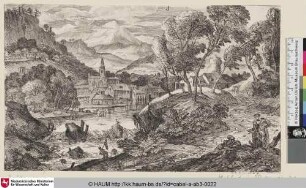 [Landschaft mit Gebäuden an einem Fluss, im Vordergrund ein Mann im Gespräch mit einer Frau; Village by the Waterside; Le village au bord de l'eau]