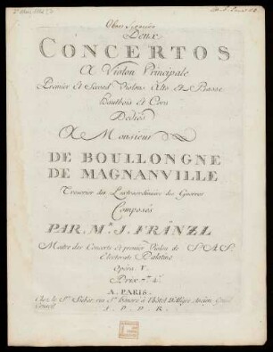 Deux concertos à violon principale, premier et second violons, alto et basse, hautbois et cors. Oboe secondo : opera V