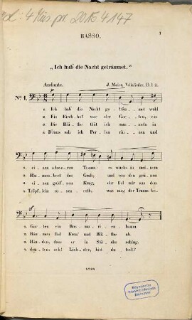 Deutsche Volkslieder : für Sopran, Alt, Tenor u. Baß ; op. 1, 2. Ich hab' die Nacht geträumet