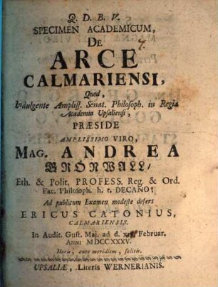 Specimen acad. de arce Calmariensi