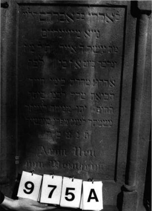 Grabstein 975 (Index: 99804022) Material: Sandstein Zustand: gut Maße HxBxT: 134x70x24 cm Beschreibung: Sockel, Stele mit verdachtem eingezogenem Rundbogen, Seitenakroterien, zwei Halbsäu Besonderheit: Endreim: Grabstein 975A