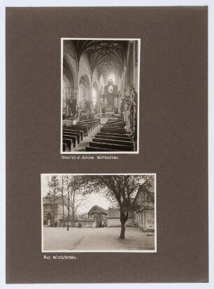 Referenzmappe 3/17 des Fotografen Walter Möbius : Mappenblatt 44 mit zwei Fotografien (Inneres der Kirche und Straßenbild in Wittichenau)