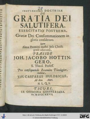 [3]: Ypotypōseōs Doctrinae De Gratia Dei Saluti Fera ...: ... Exercitatio Postrema