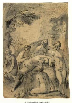 Gruppe von nackten Nymphen um eine Schlafende