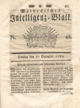 No. 48, Dinstag den 1ten December 1789