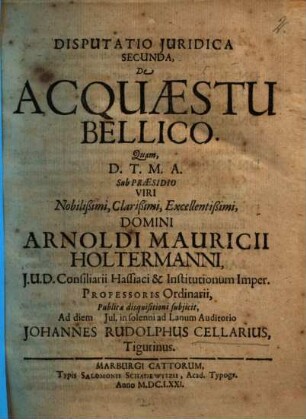 Disputatio Iuridica Secunda, De Acquaestu Bellico