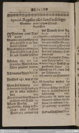 Special-Register aller denckwürdiger Sachen, so in diesem Werck begriffen