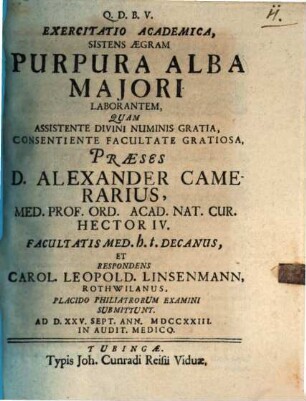 Exercitatio acad. sistens aegram purpura alba maiori laborantem