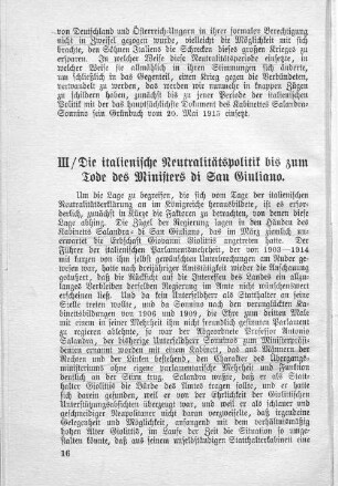 III / Die italienische Neutralitätspolitik bis zum Tode des Ministers di San Giuliano.