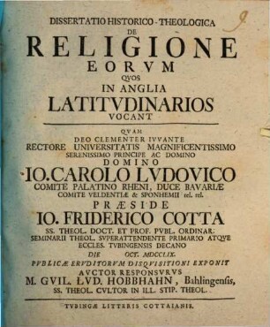Dissertatio Historico-Theologica De Religione Eorvm Qvos In Anglia Latitvdinarios Vocant
