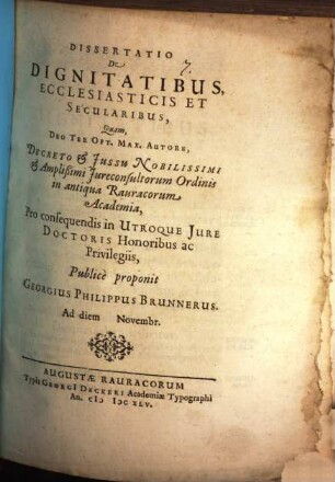 Diss. de dignitatibus ecclesiasticis et secularibus