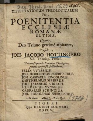 Dissertationum Theologicarum De Poenitentia Ecclesiae Romanae Ultima