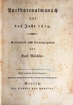 Anekdotenalmanach : auf d. Jahr ..., 1819