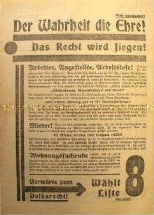 Programmatischer Wahlaufruf der Volksrecht-Partei zur sächsischen Landtagswahl 1929
