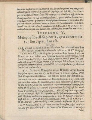Theorema V. Metaphysica est Sapientia, qvæ contemplatur Ens, qvat. Ens est.