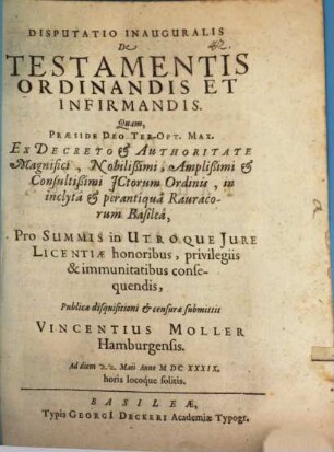 Disp. inaug. de testamentis ordinandis et infirmandis