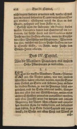 Das IV. Capitel. Wie die Maulbeer-Plantagen mit unsern Holtz-Pflantzungen zu verbinden.