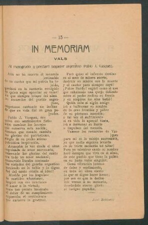 In Memoriam : Vals. Al malogrado y preclaro payador argentino Pablo J. Vasquez