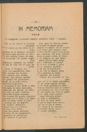 In Memoriam : Vals. Al malogrado y preclaro payador argentino Pablo J. Vasquez