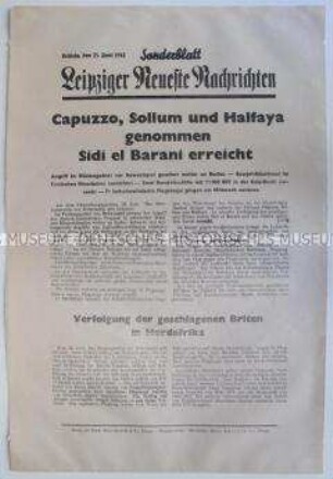 Sonderblatt der "Leipziger Neuesten Nachrichten" u.a. zum Kriegsverlauf in Nordafrika und zu Luftangriffen der deutschen Wehrmacht auf Ziele in Südostengland