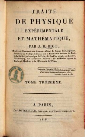 Traité de physique expérimentale et mathématique, 3. (1816). - 516 S., VI Bl. : Ill., graph. Darst.