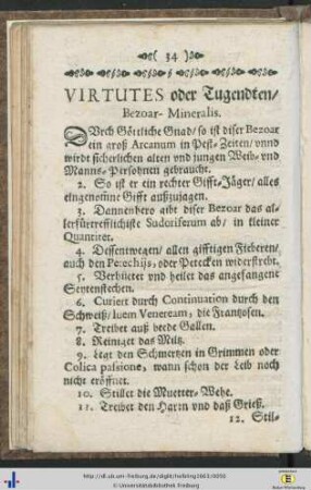 Virtutes oder Tugendten / Bezoar-Mineralis.