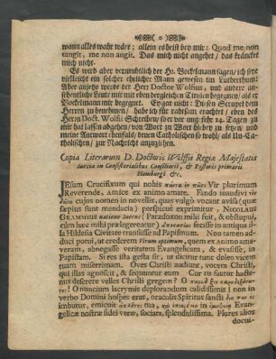 Copia Literarum D. Doctoris Wolffii ...
