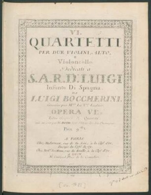 VI Quartetti Per Due Violini, Alto, E Violoncello : Opera VIa. ; Libro Secondo di Quartetti