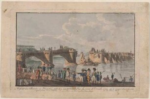 Die durch französische Truppen am 19. März 1813 gesprengte Elbbrücke (alte Augustusbrücke) in Dresden bei der Ankunft des russischen Parlamentärs am 21. März