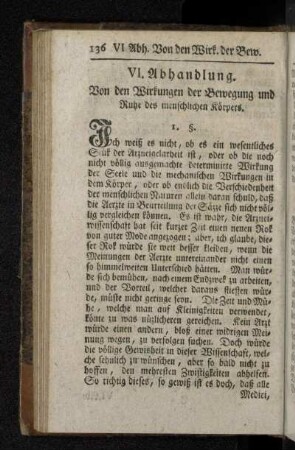 VI. Abhandlung. Von den Wirkungen der Bewegung und Ruhe des menschlichen Körpers.