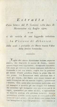 Estratto d'una lettera del P. Costanzi colla data di Montecasino 15. Luglio 1800