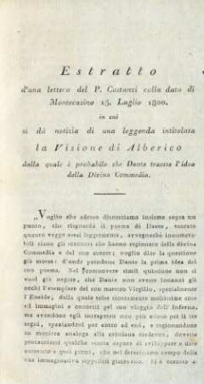 Estratto d'una lettera del P. Costanzi colla data di Montecasino 15. Luglio 1800