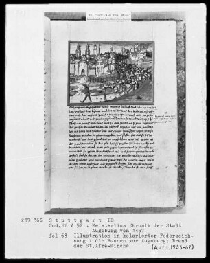 Sigismund Meisterlin, Chronik der Stadt Augsburg — Verbrennung der Kirche Sankt Afra durch Attila, Folio 63recto